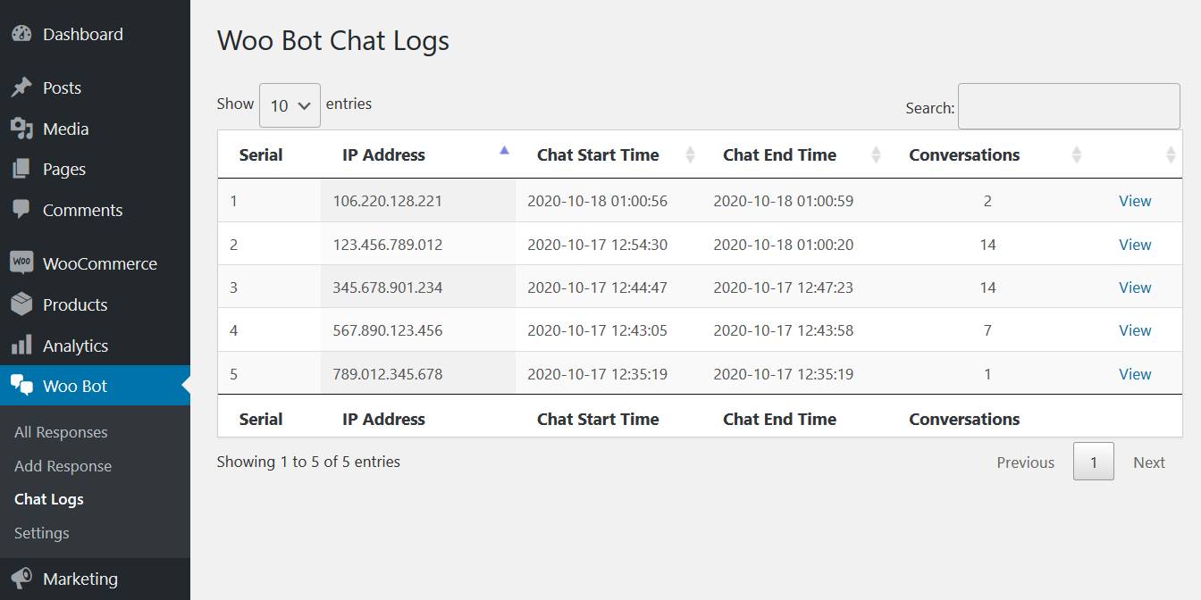 Lista de registro de chat: backend