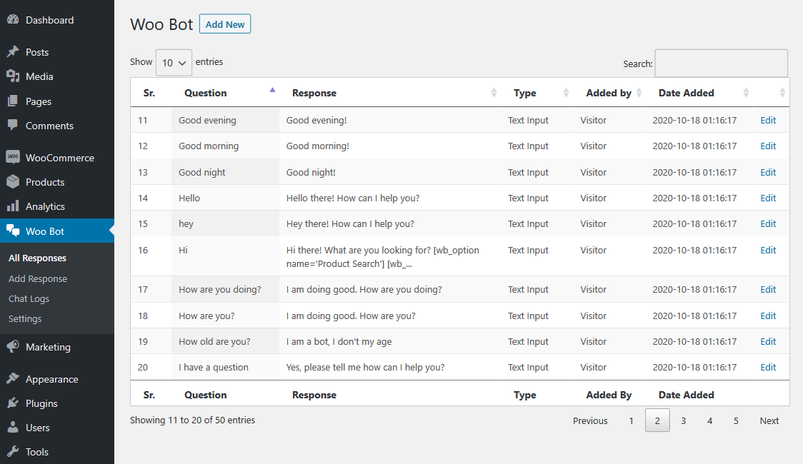 Woo Bot: lista de respuestas