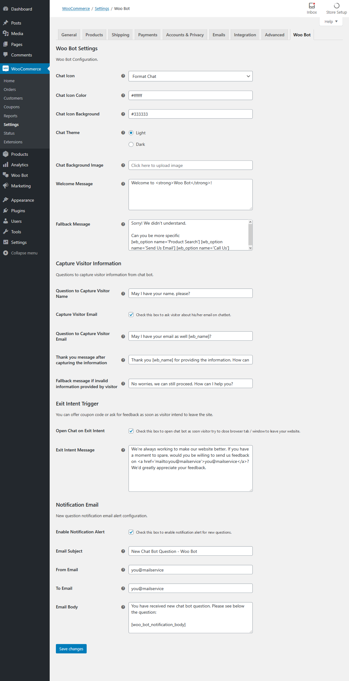 Woo Bot - Plugin Einstellung