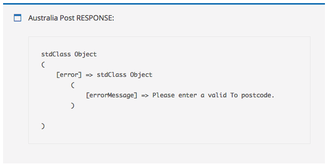 Ejemplo de mensaje de error de Australia Post