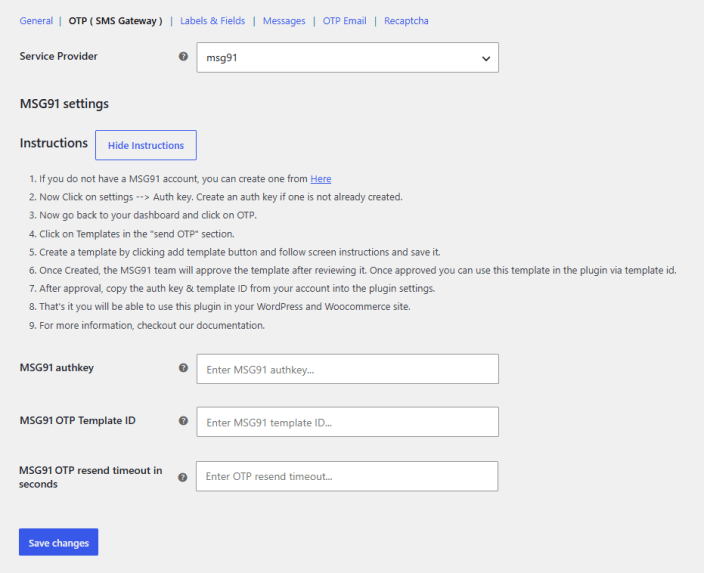 MSG91 Settings