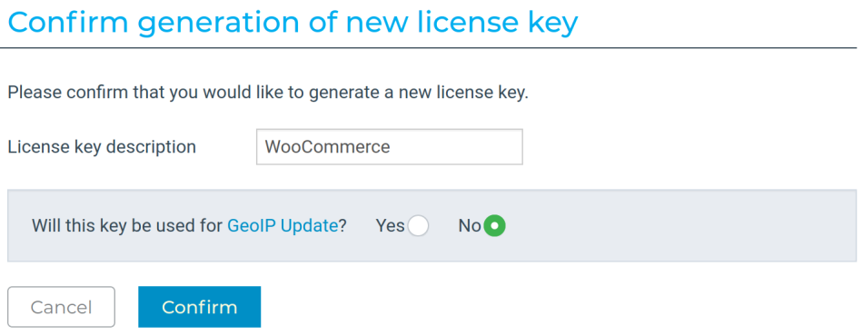MaxMind confirmar la página de la clave de licencia
