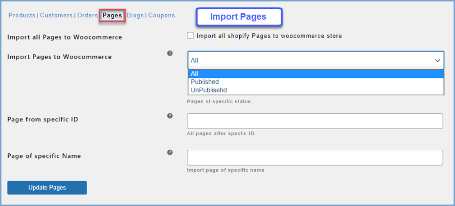 Import pages, blogs, and customers - Import Pages