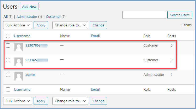 User Information Saved in the Users Section