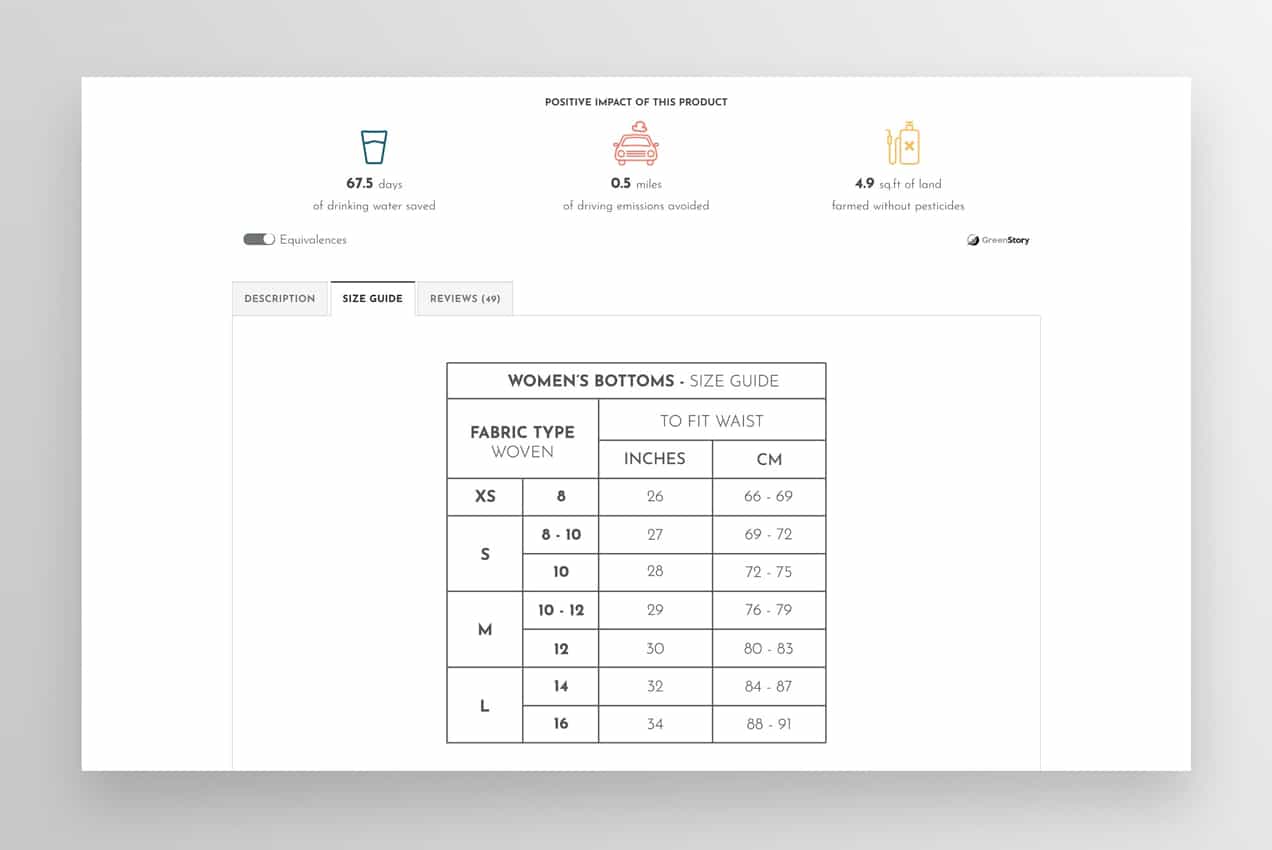 size chart for clothing products on Bam Bamboo Clothing