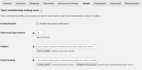 Teams for WooCommerce Team membership ending soon mail settings