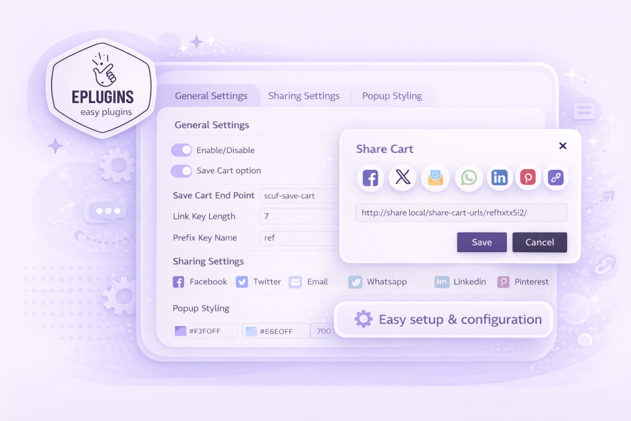 WooCommerce Share Cart plugin – general settings panel showing enable disable save cart link key prefix redirect and privacy options