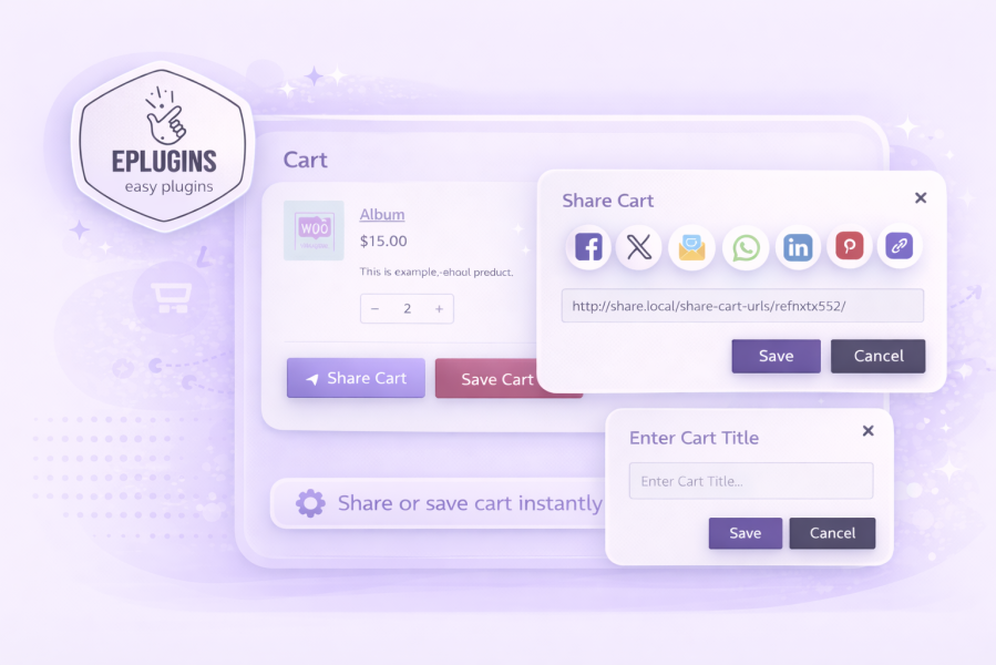 WooCommerce Share Cart plugin – cart page showing Share cart and Save cart buttons with cart title input popup