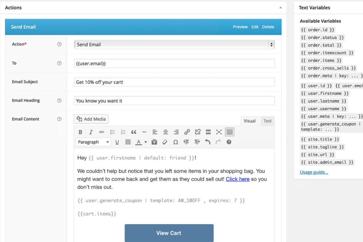 AutomateWoo create email screen