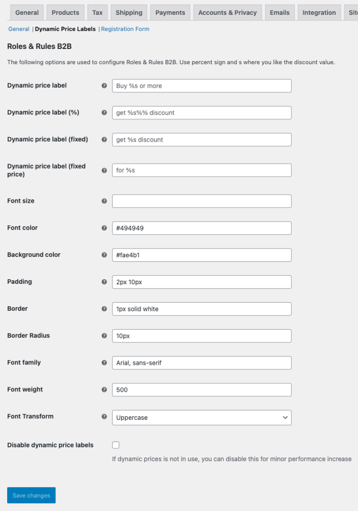 Roles & Rules B2B, settings price labels