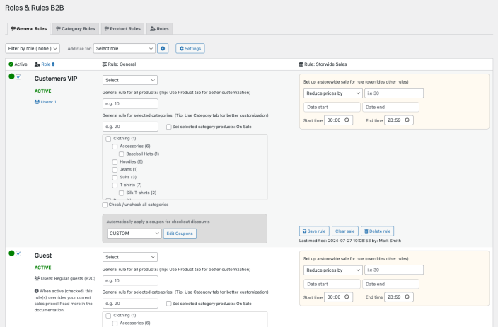 Roles & Rules B2B for WooCommerce, general rules