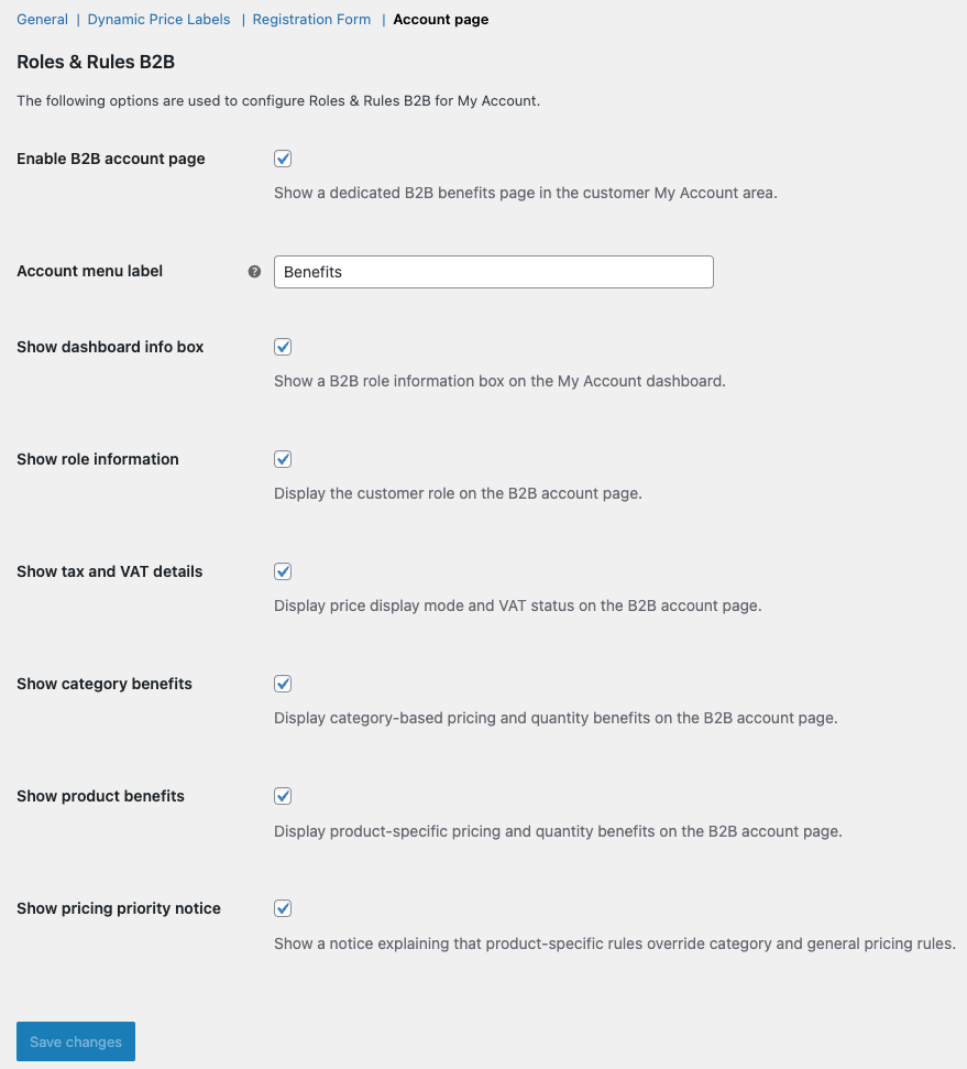 Roles & Rules B2B - account settings