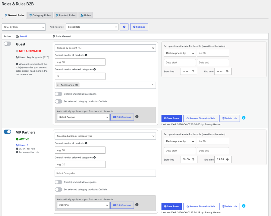 Roles & Rules B2B for WooCommerce - general rules
