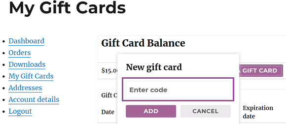 My Gift Cards on My Account | Adding a new gift card 
