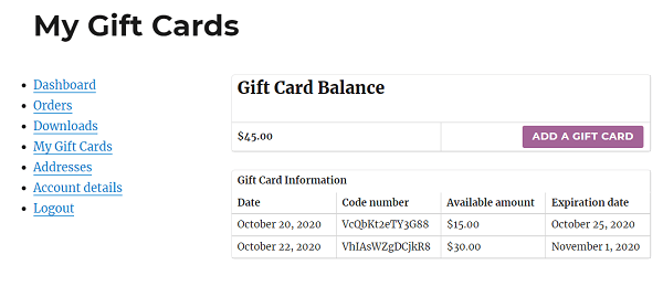 My Gift Cards on My Account | Gift Card grids