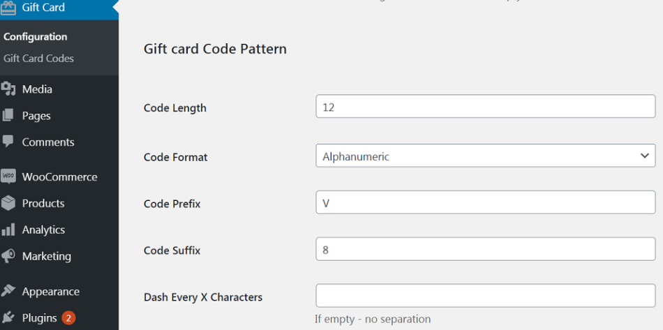Configuration | Gift card Code Pattern