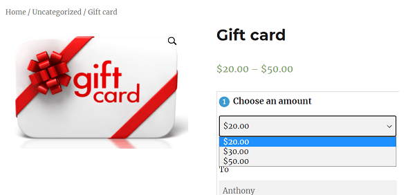 Product Page | Choosing the amount of the Gift Card