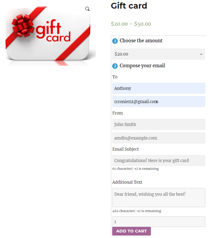 Product Page | Gift Card as a product on the Frontend