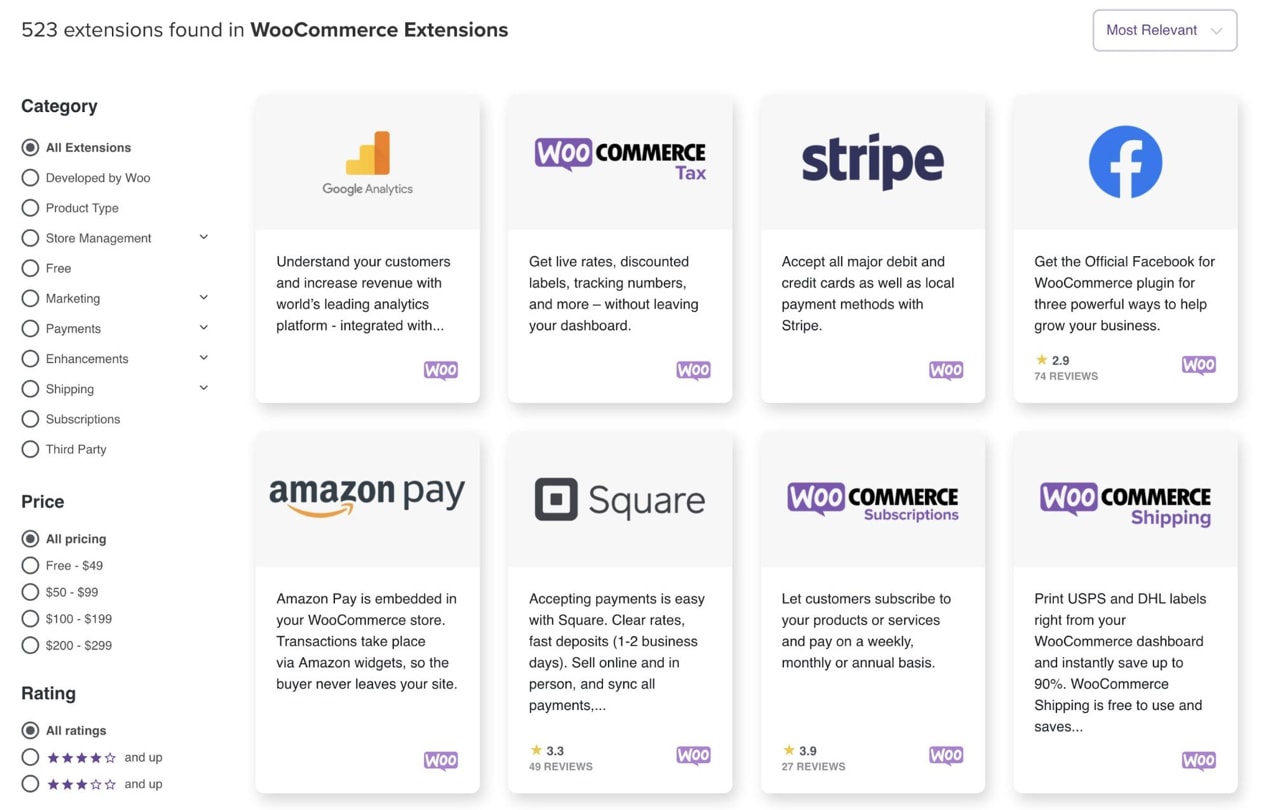 list of extensions on the WooCommerce Marketplace
