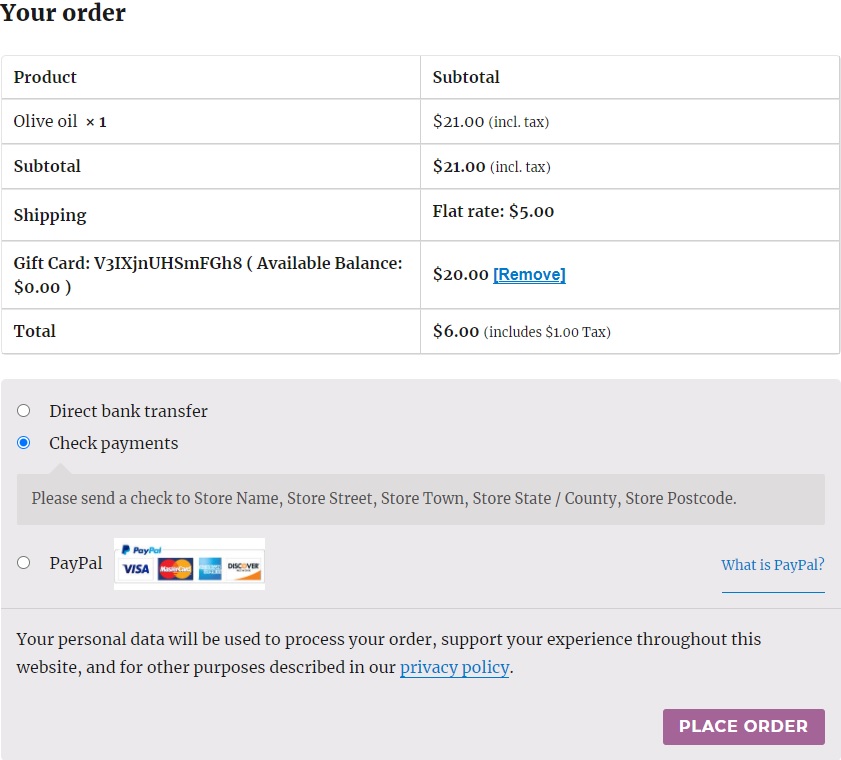 Checkout Page | The result of Gift Card Code application to the Cart