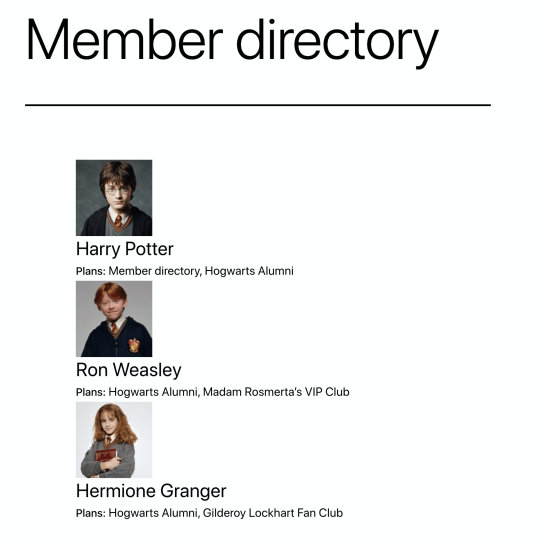 Example of membership directory shortcode on frontend