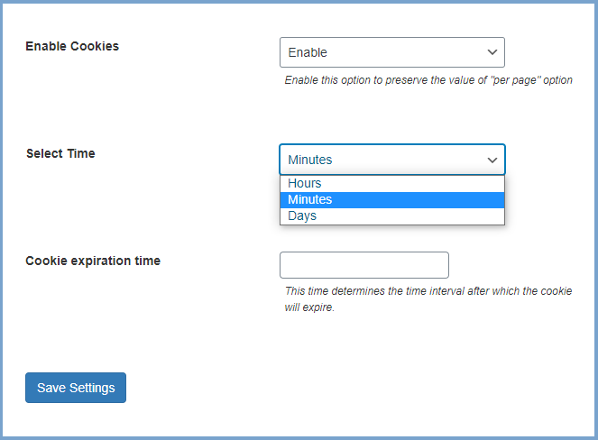 Setup Cookies Data & Expiration Option