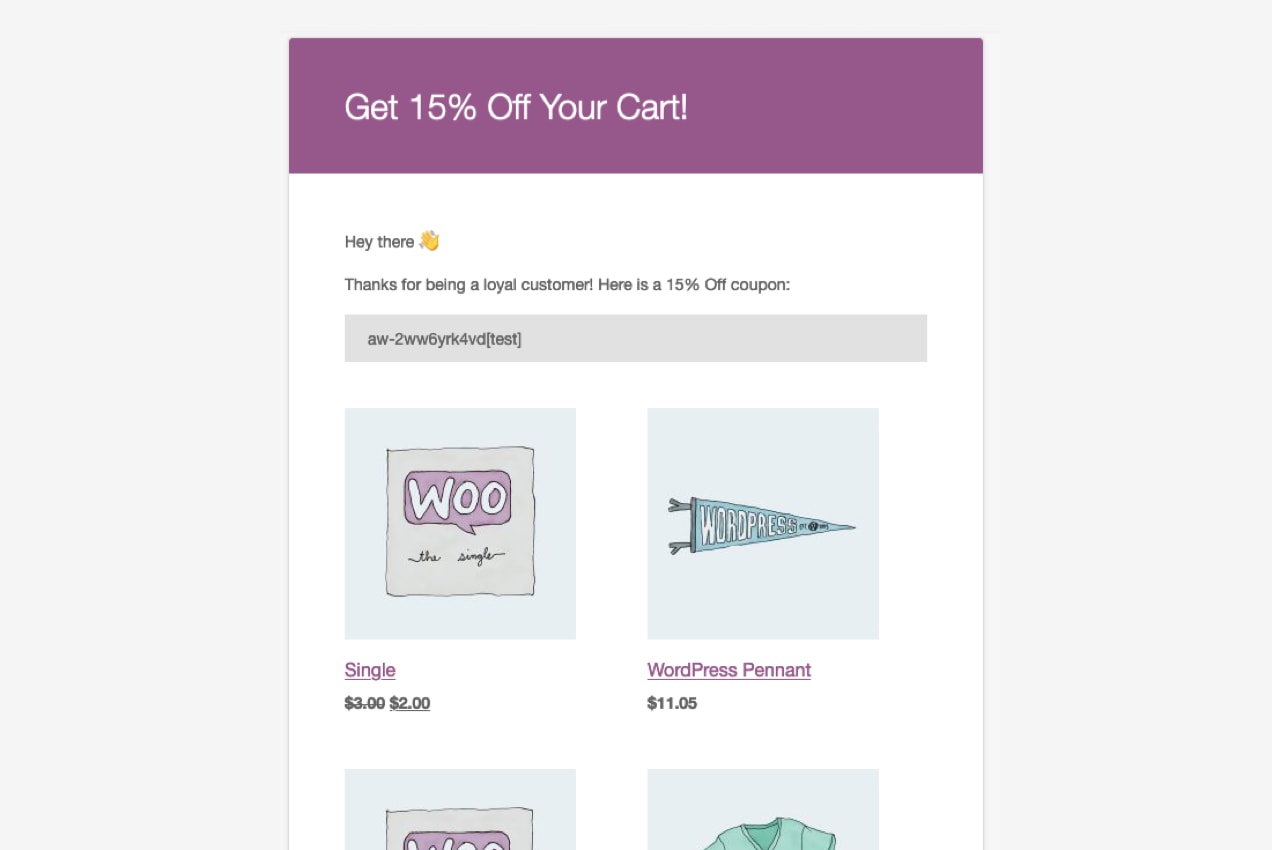 AutomateWoo discount email showing 15% off