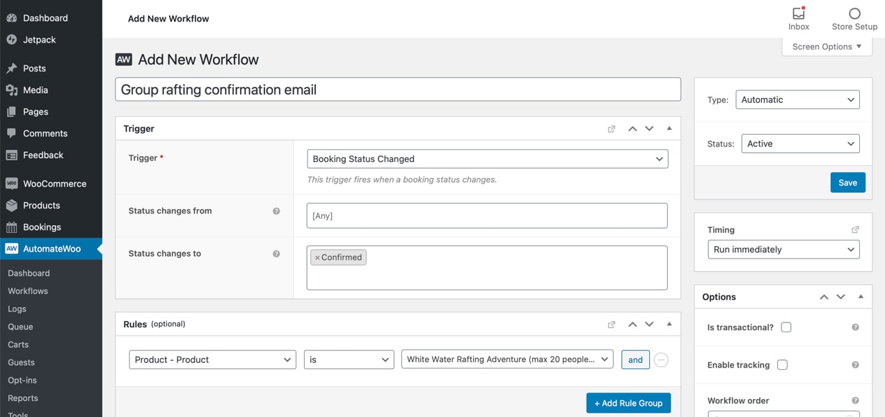 confirmation email based on a "booking status changed" trigger