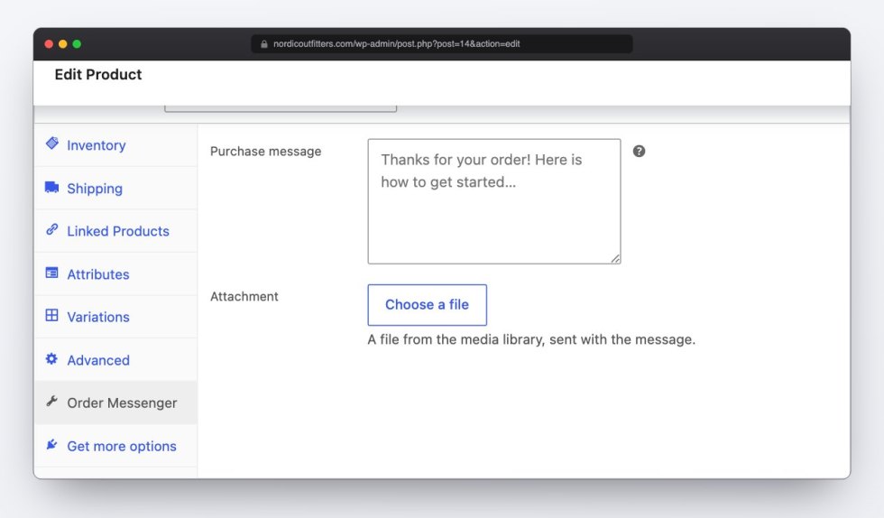 Order Messenger tab in the WooCommerce product data box with a purchase message and attachment field