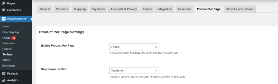 Enable the number of products per page WooCommerce plugin.