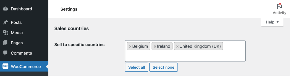 Belgium, Ireland, and United Kingdom selected as sales countries for a Mollie payment method in WP Admin.