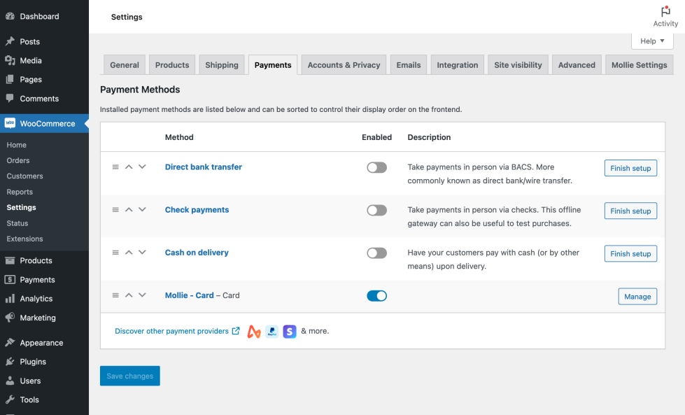 The Payments settings screen in WP Admin displaying enabled and disabled payment methods.