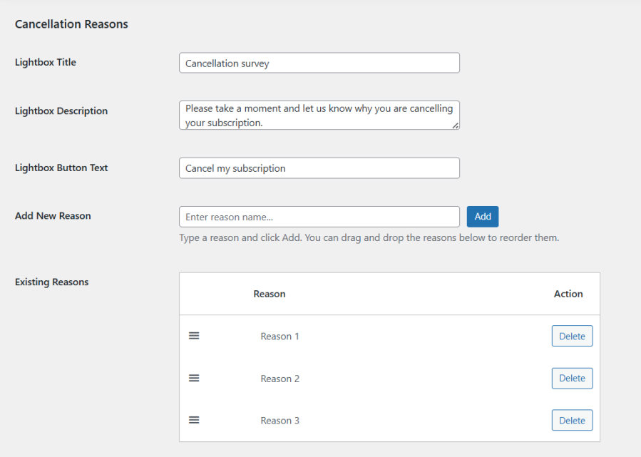 Cancellation reasons settings