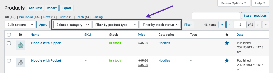 Filter products by category, product type, or stock status by selecting the options from the dropdown menus. 
