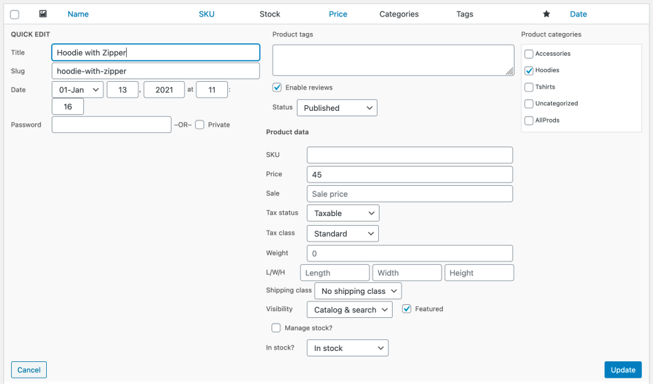 Quick editing shows actual product values in the fields.