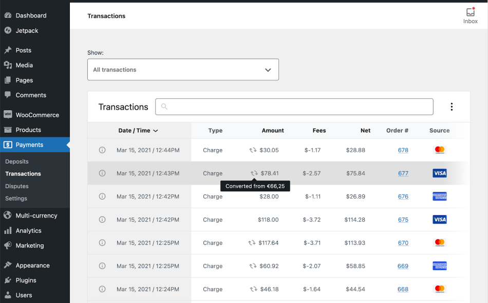 WooCommerce Payments transactions screenshot with multiple customer currencies.
