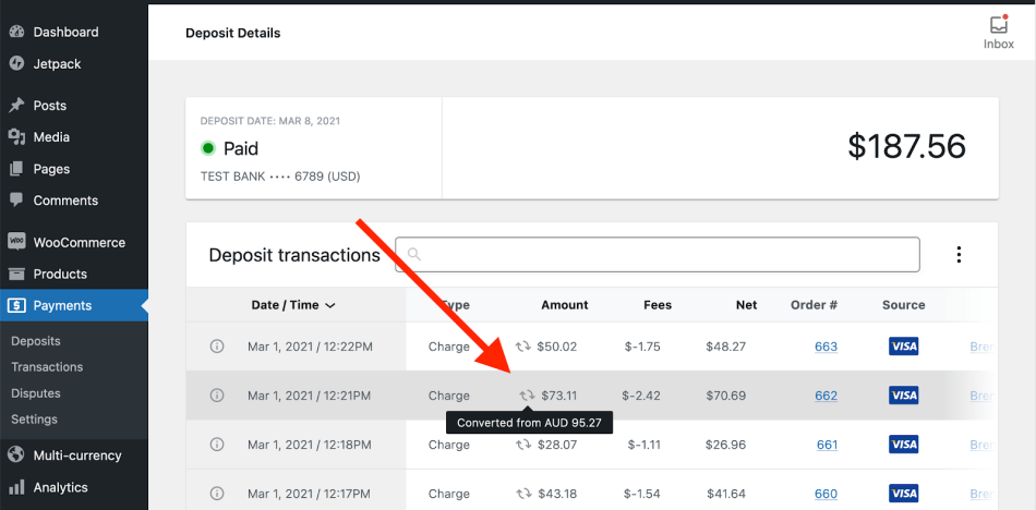 WooCommerce Payments deposit details screenshot with customer currency that differs to deposit currency.