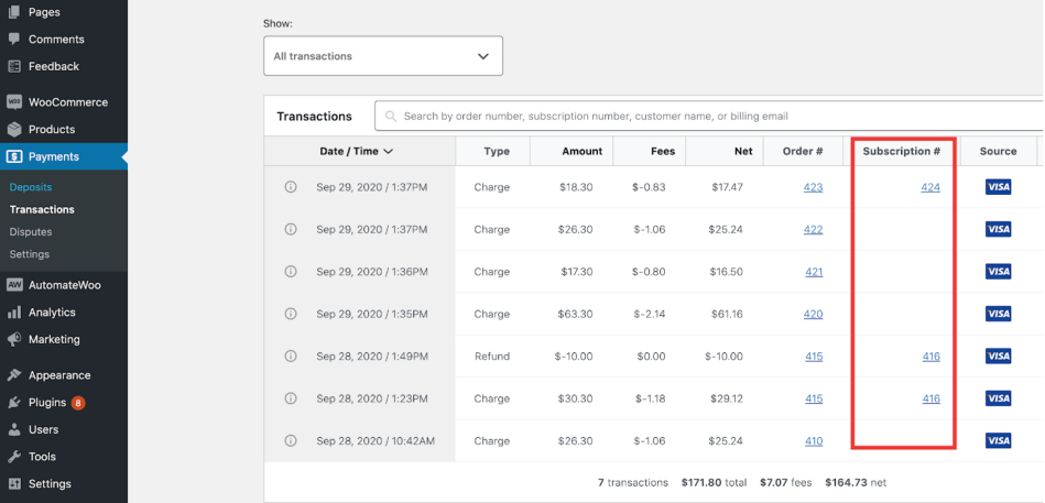 The WooCommerce Payments screen found under Payments > Transactions