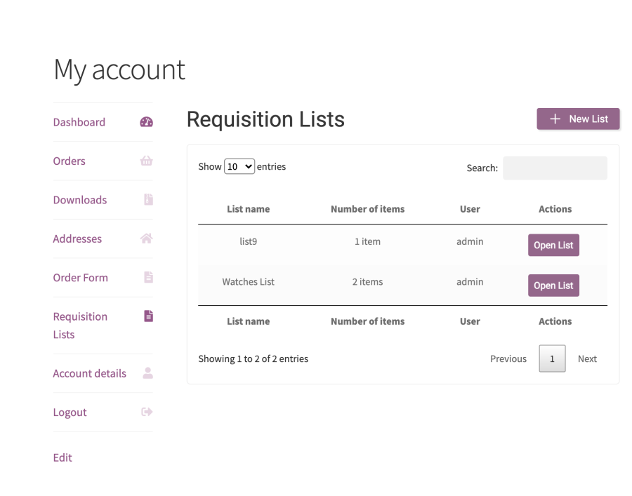 Requisition lists in my account