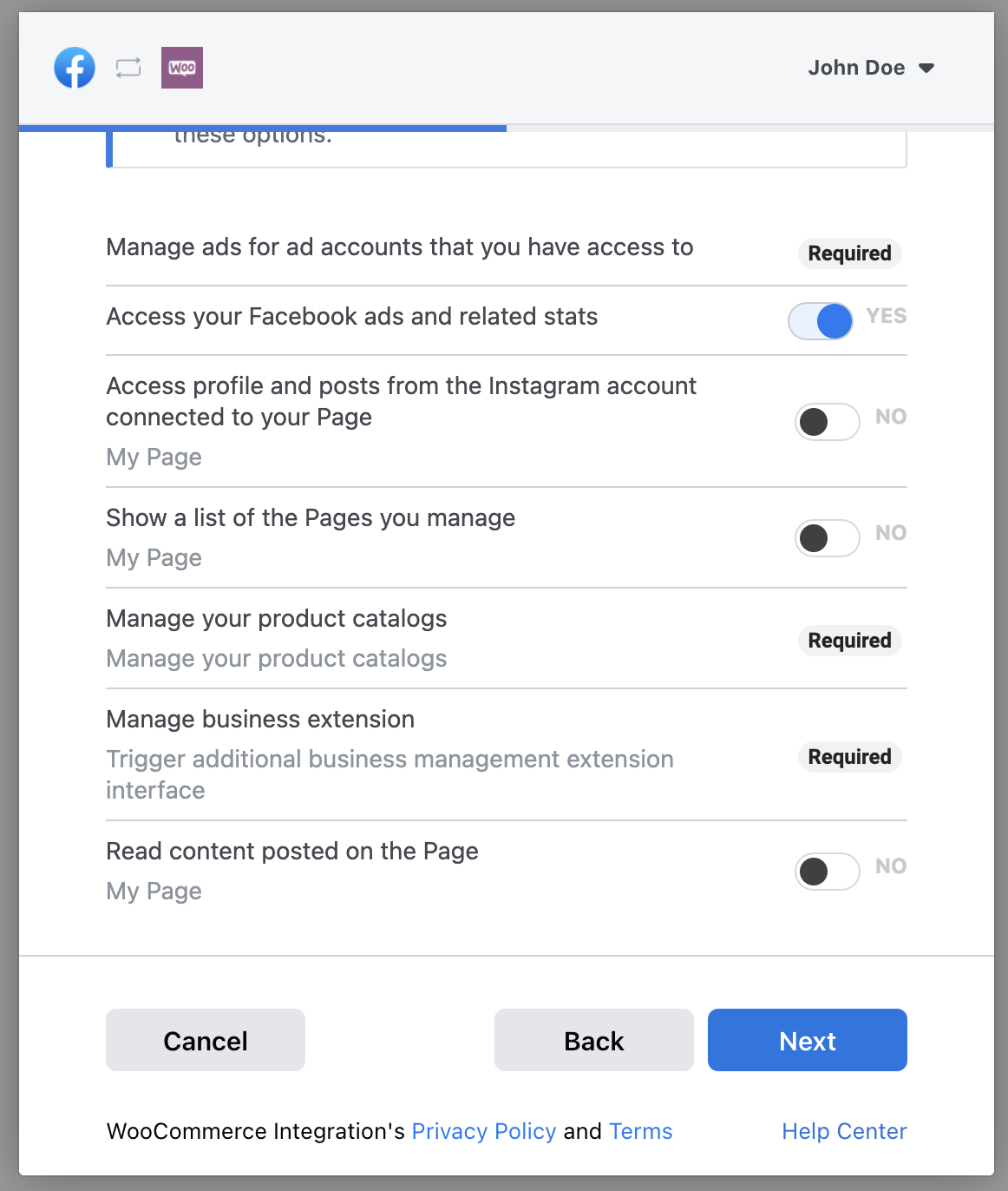 FB Connection permissions settings