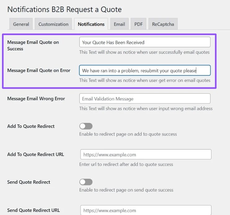 Success & Error Messages on Quotes