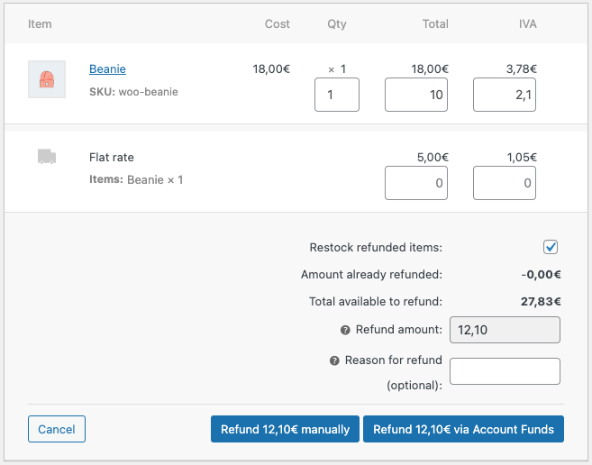 Partial refund via Account Funds