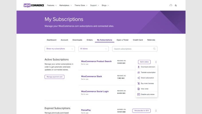 Navigate to the 'My Subscriptions' tab in the WooCommerce user dashboard after logging in to manage your account subscriptions.