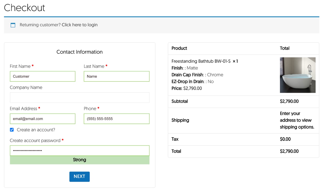 An example of simple, quick account creation during the checkout process from Badeloft USA.