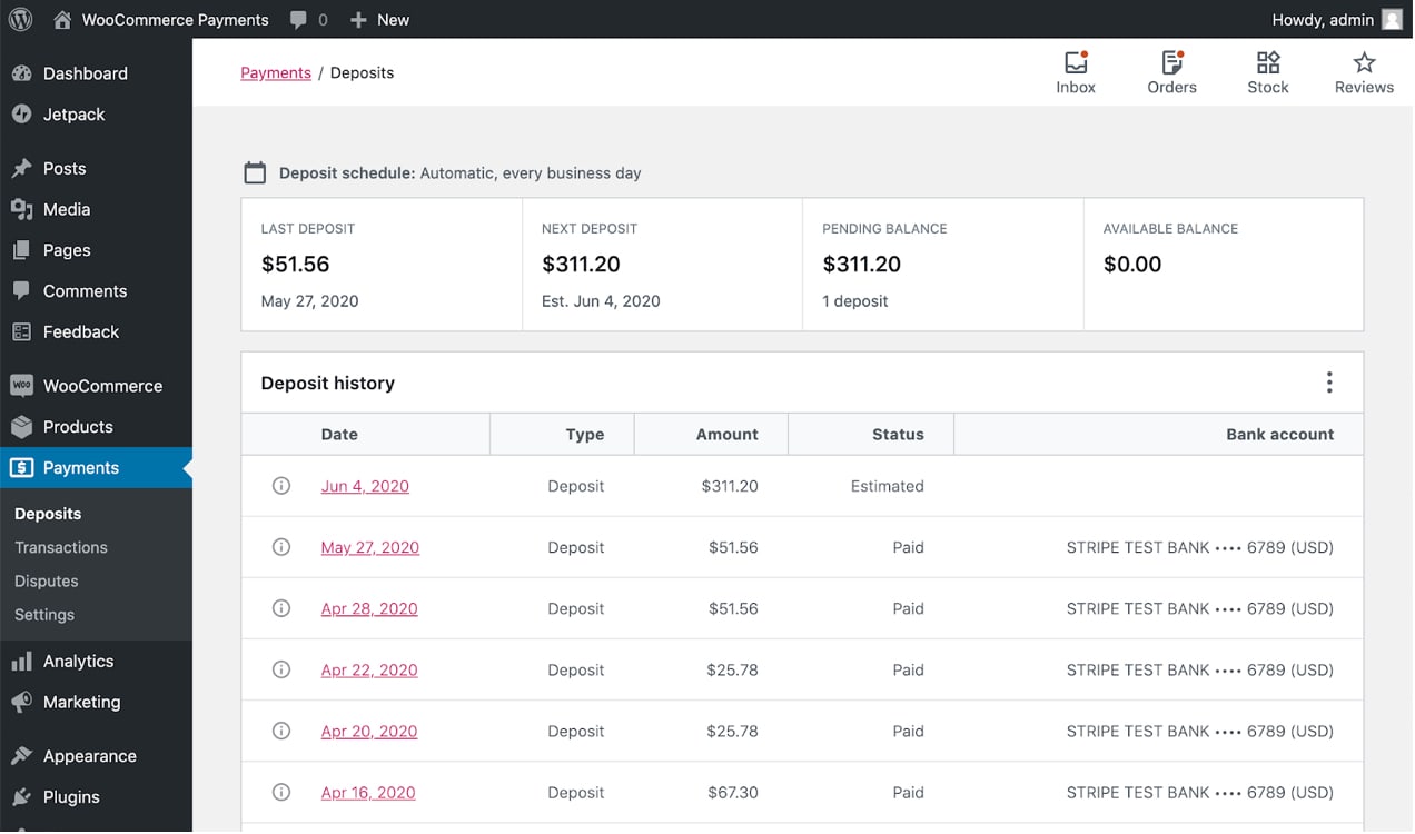screenshot of WooCommerce Payments dashboard