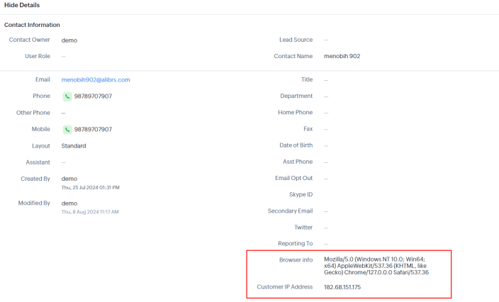 synced to Zoho CRM