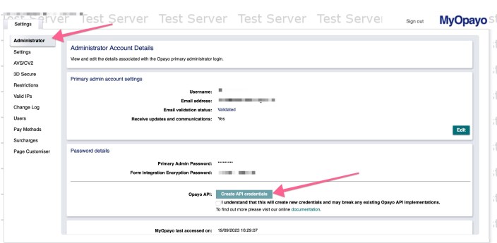 Screenshot showing how to obtain credentials for Opayo Pi