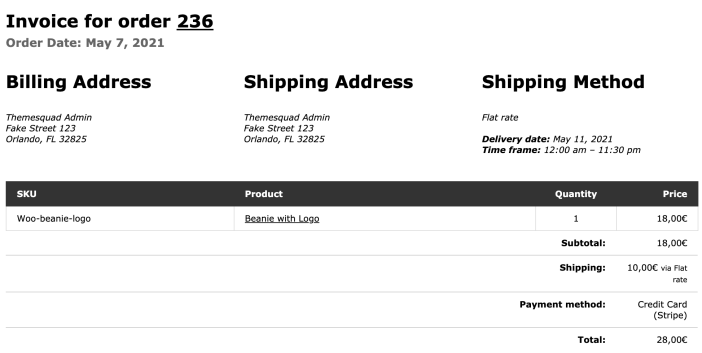 The Order invoice now includes the delivery details