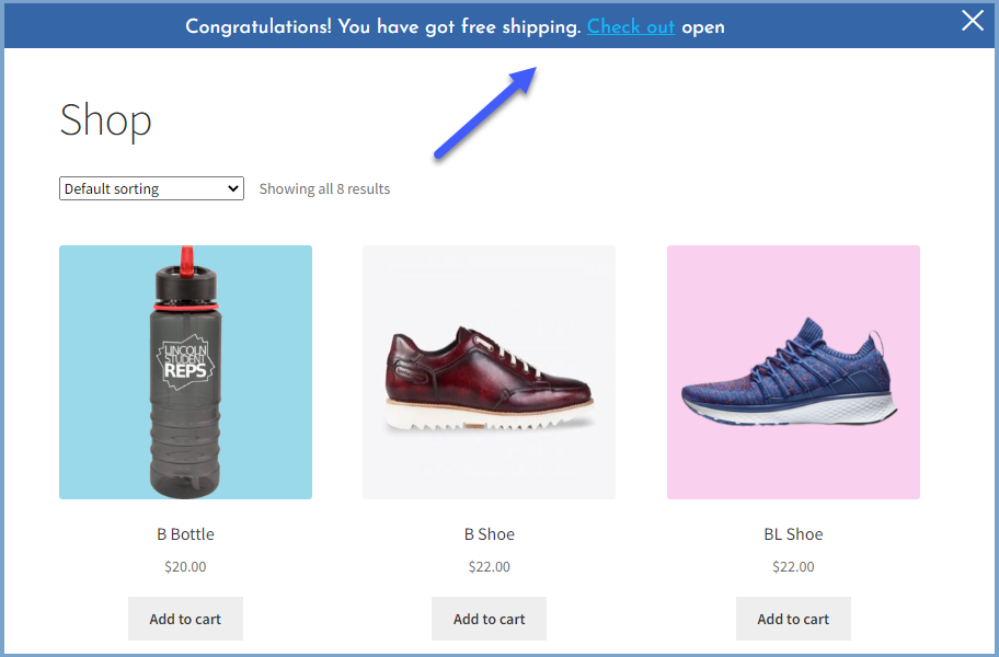 Shop page notification with s Link to checkout page