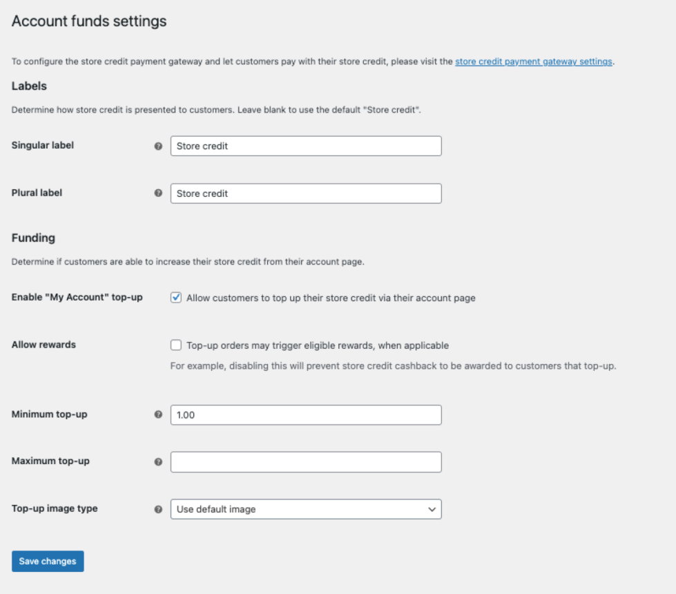 Account Funds settings page showing label customization, My Account top-up options, minimum and maximum top-up amounts, and top-up image settings